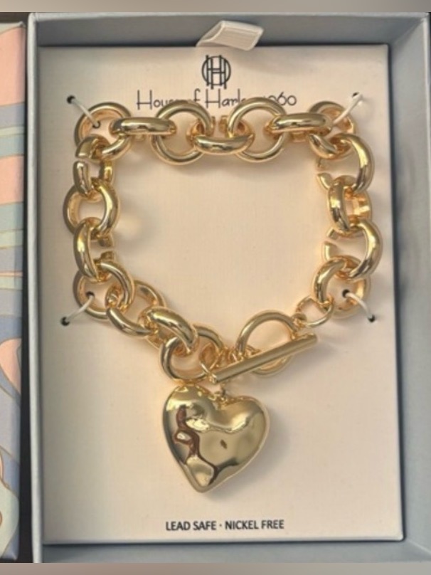 New House Of Harlow 1960 Chunky Goldtone Chain Bracelet With Heart Charm 55$
